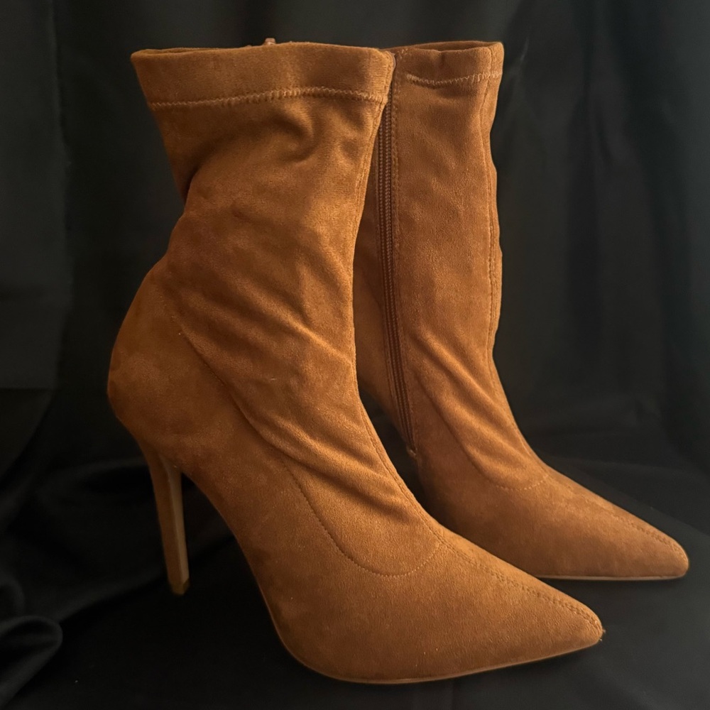 Pointed-Toe Suede Stiletto Ankle Boots - Cognac Brown